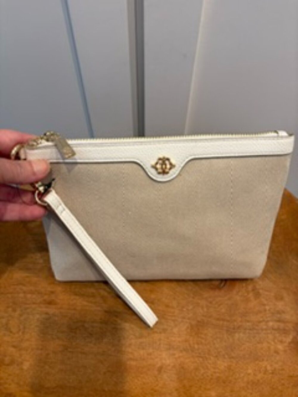 Nanette Lepore Beige Monogram Logo Wristlet Clutch Bag Gold Tone Hardware